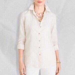 Chico's Linen Shirt Moisture Wicking Button Front Closure Tan/White NWT